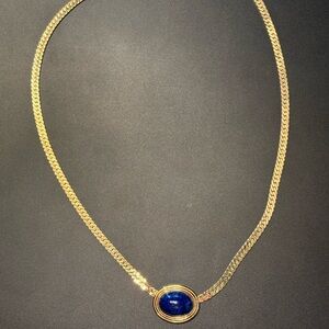 Vintage Christian Dior Gold Necklace with Deep Blue Pendant